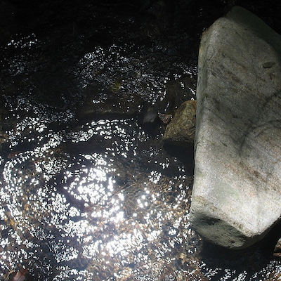 Light shimmering on moving water, seen from above.