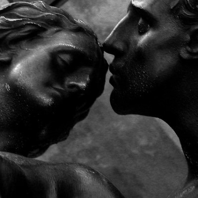 Closeup of "Last Kiss", a statue from the Cimitero Monumentale Milano--the Monumental Cemetery of Milan