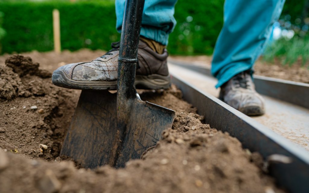 A person pushing a shovel into dirt, their right foot resting on the shovel. They're wearing rugged, dirty shoes and jeans.