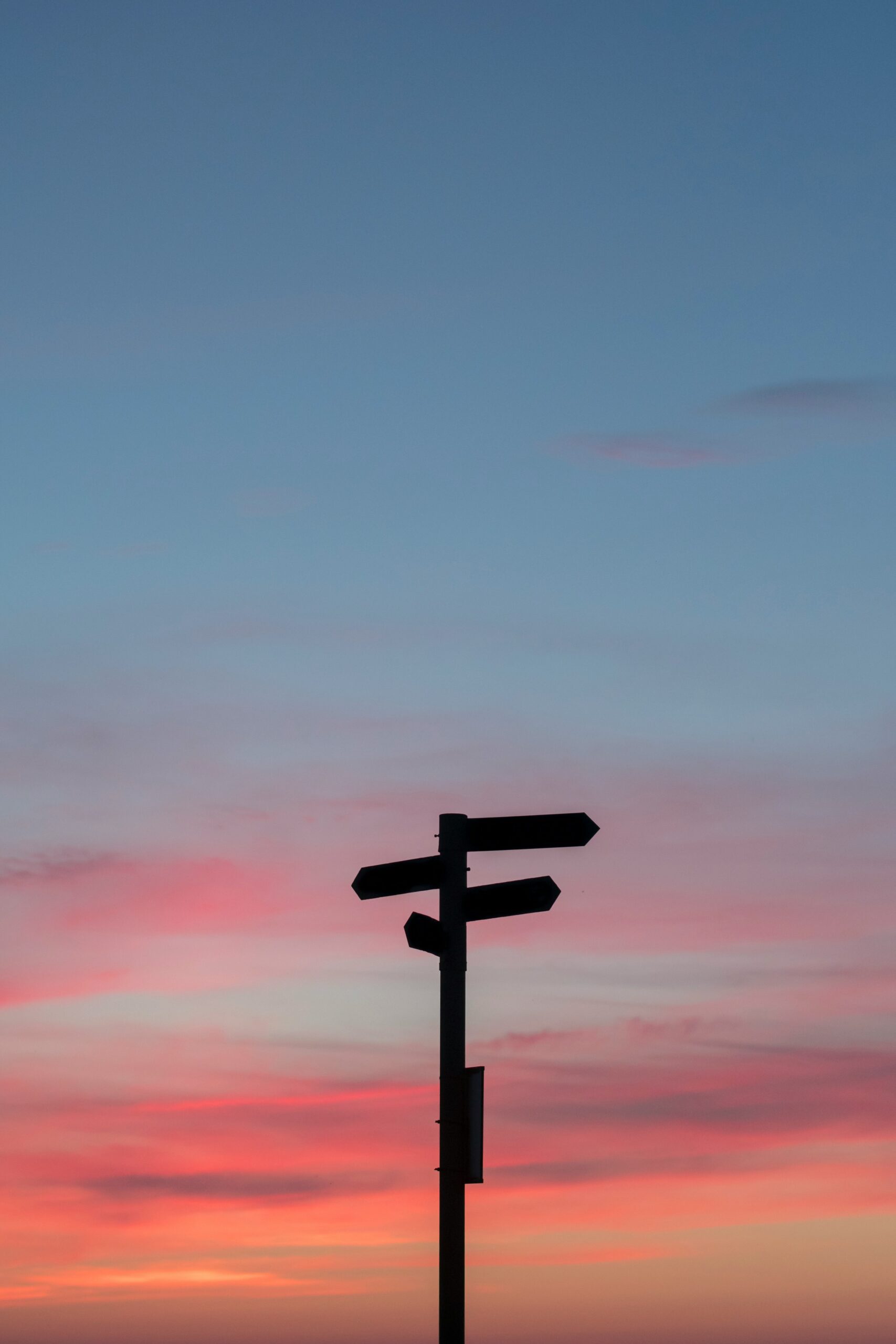 Silhouette of directional signs at sunset.