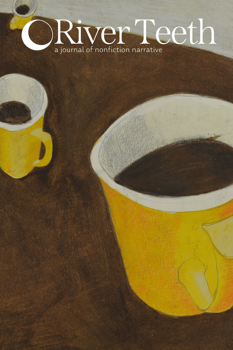 RT 27-1 Coffee Cup Cover (1) Cover of River Teeth 27.1, with a cups of coffee on the cover